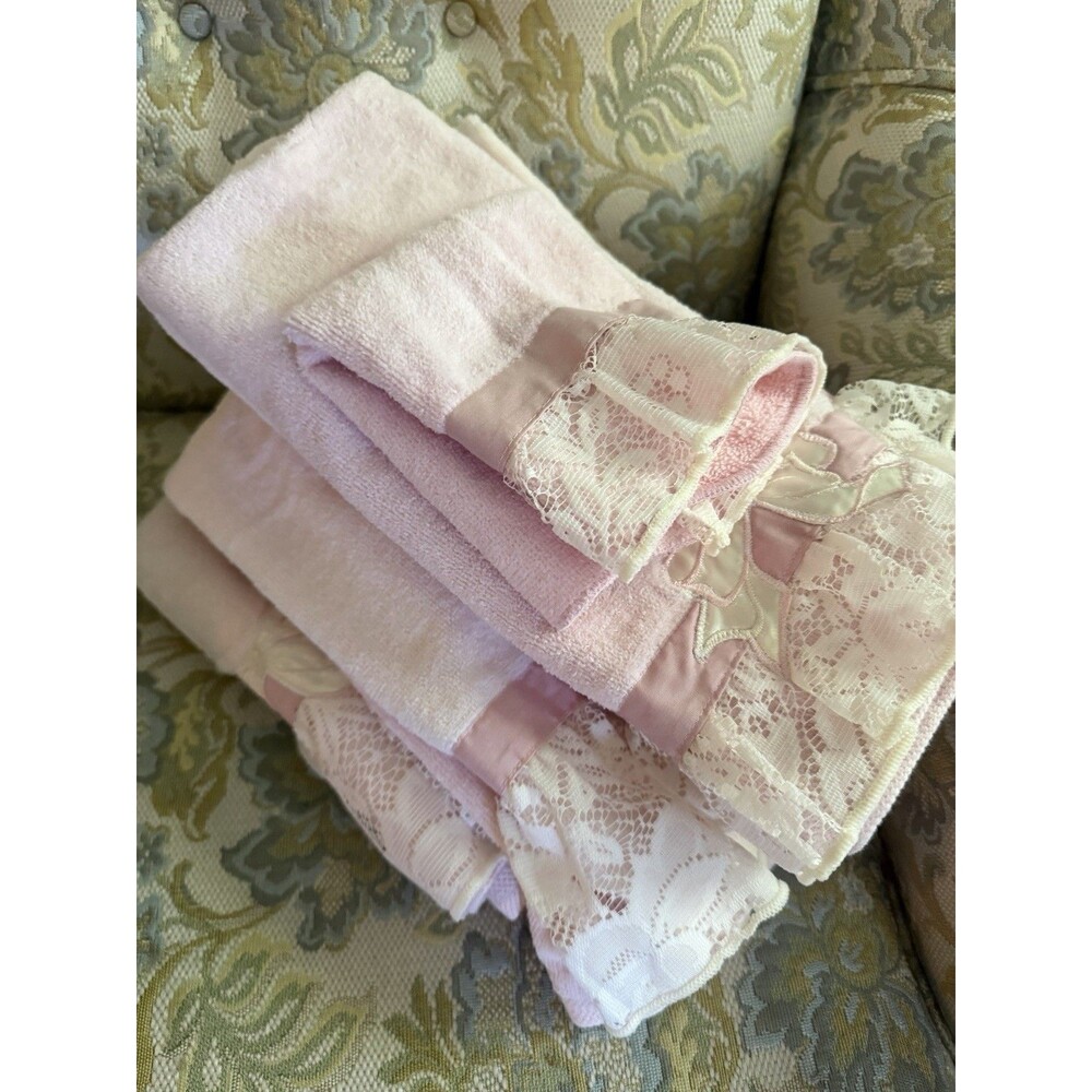 Vtg Elizabeth Gray Lace 5pc Towel Set Pink Bows Made n USA